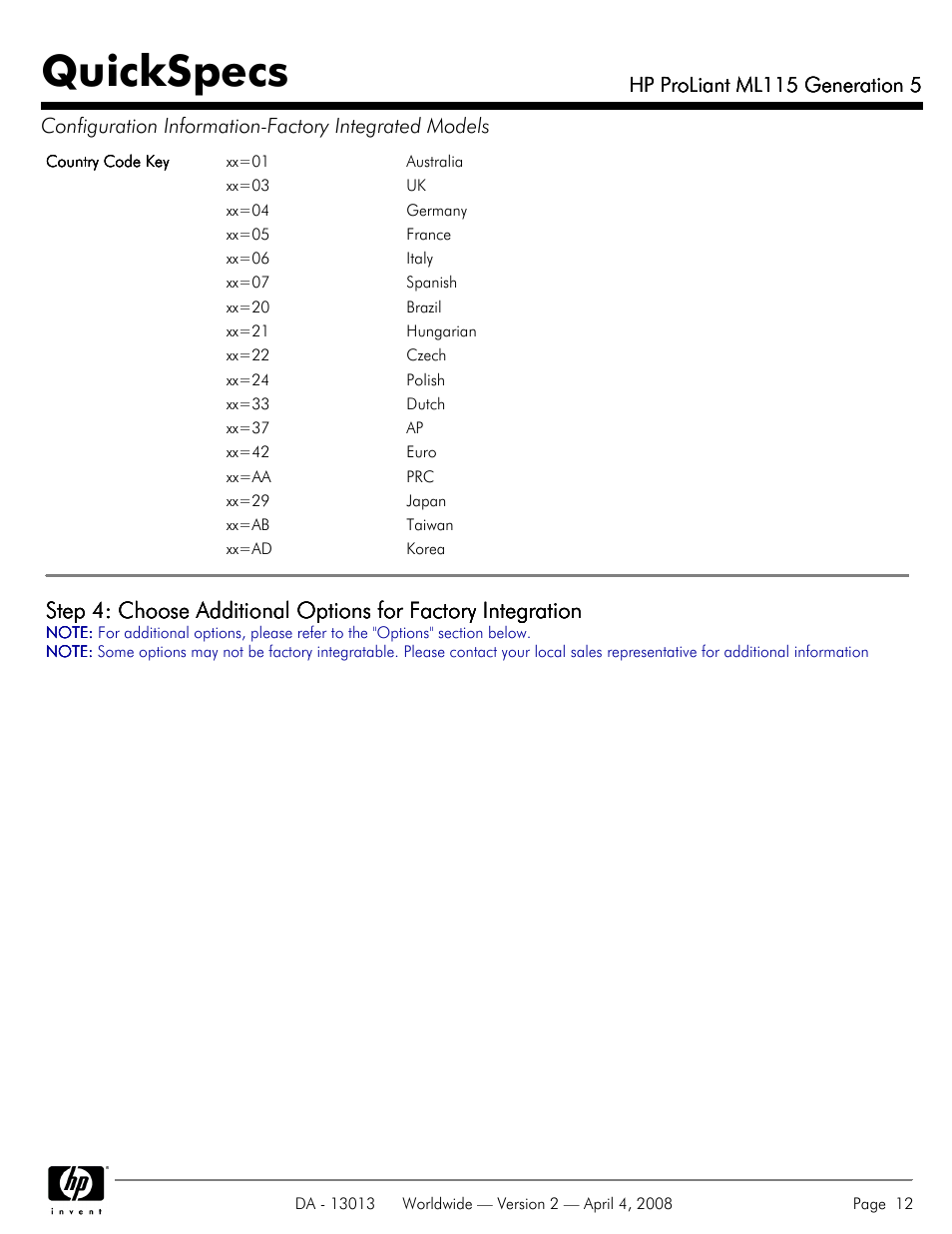 Quickspecs, Hp proliant ml115 generation 5 | HP ProLiant ML115 User Manual | Page 12 / 27
