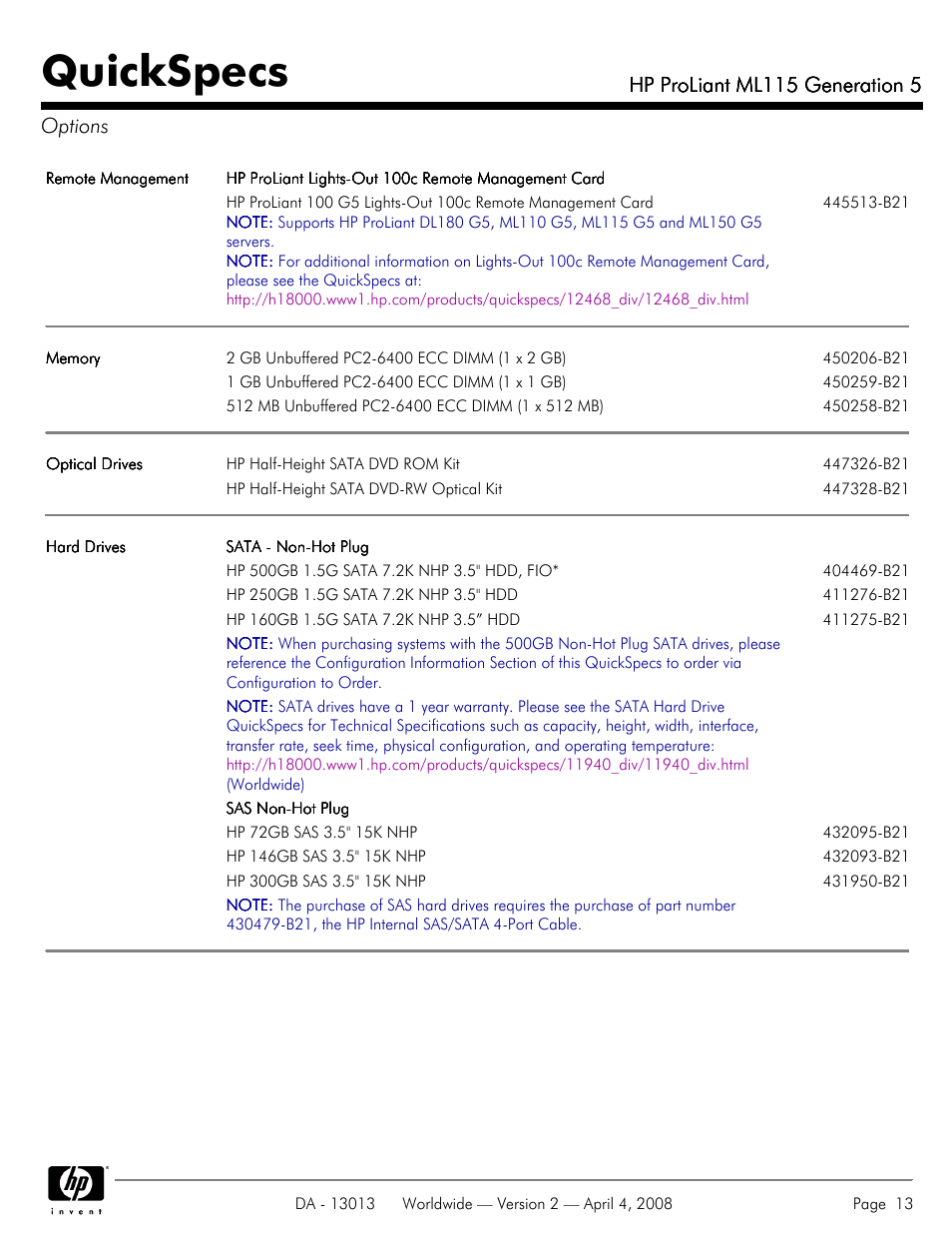 Options, Quickspecs, Hp proliant ml115 generation 5 | Hp proliant ml115 generation 5 options | HP ProLiant ML115 User Manual | Page 13 / 27