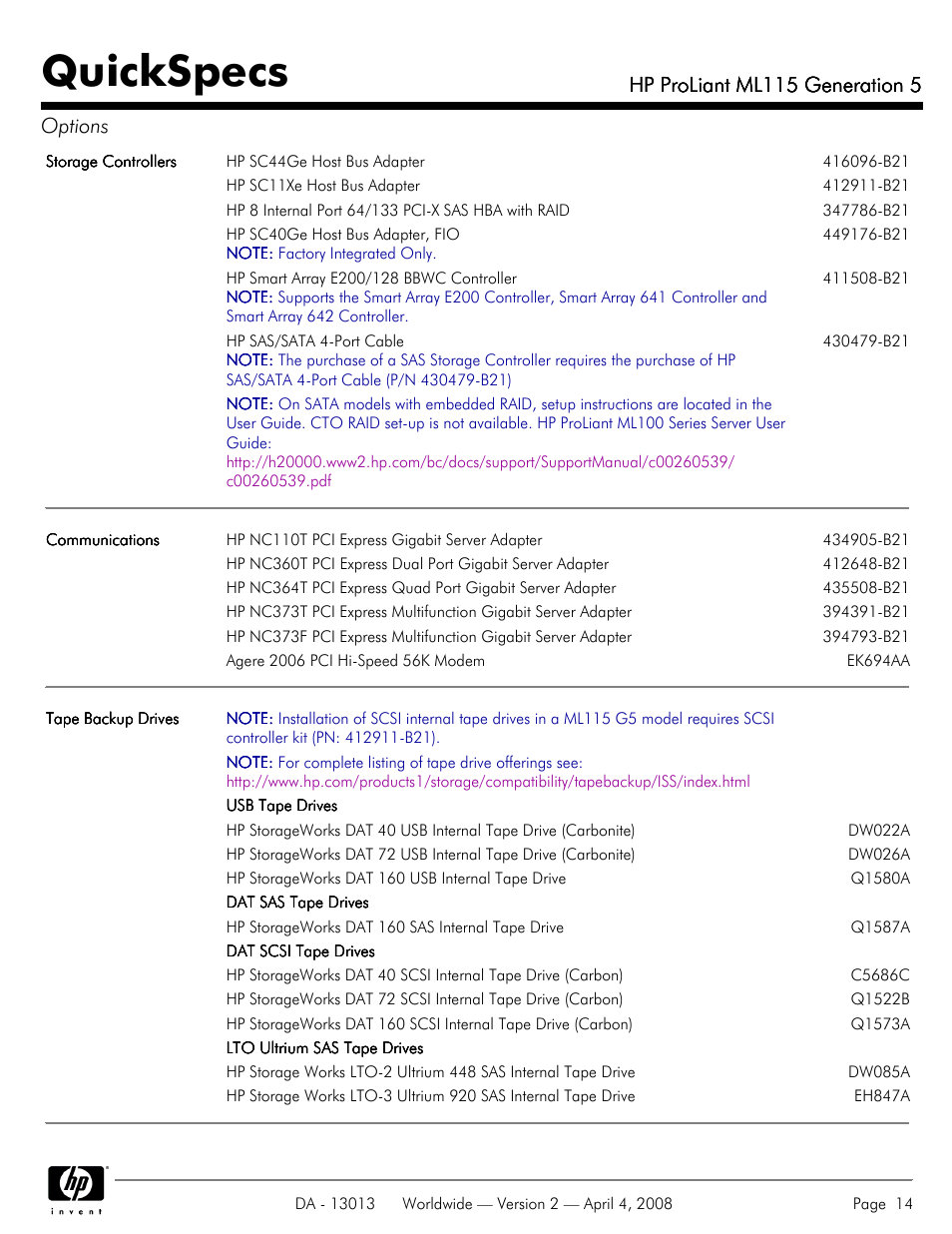 Quickspecs, Hp proliant ml115 generation 5, Hp proliant ml115 generation 5 options | HP ProLiant ML115 User Manual | Page 14 / 27