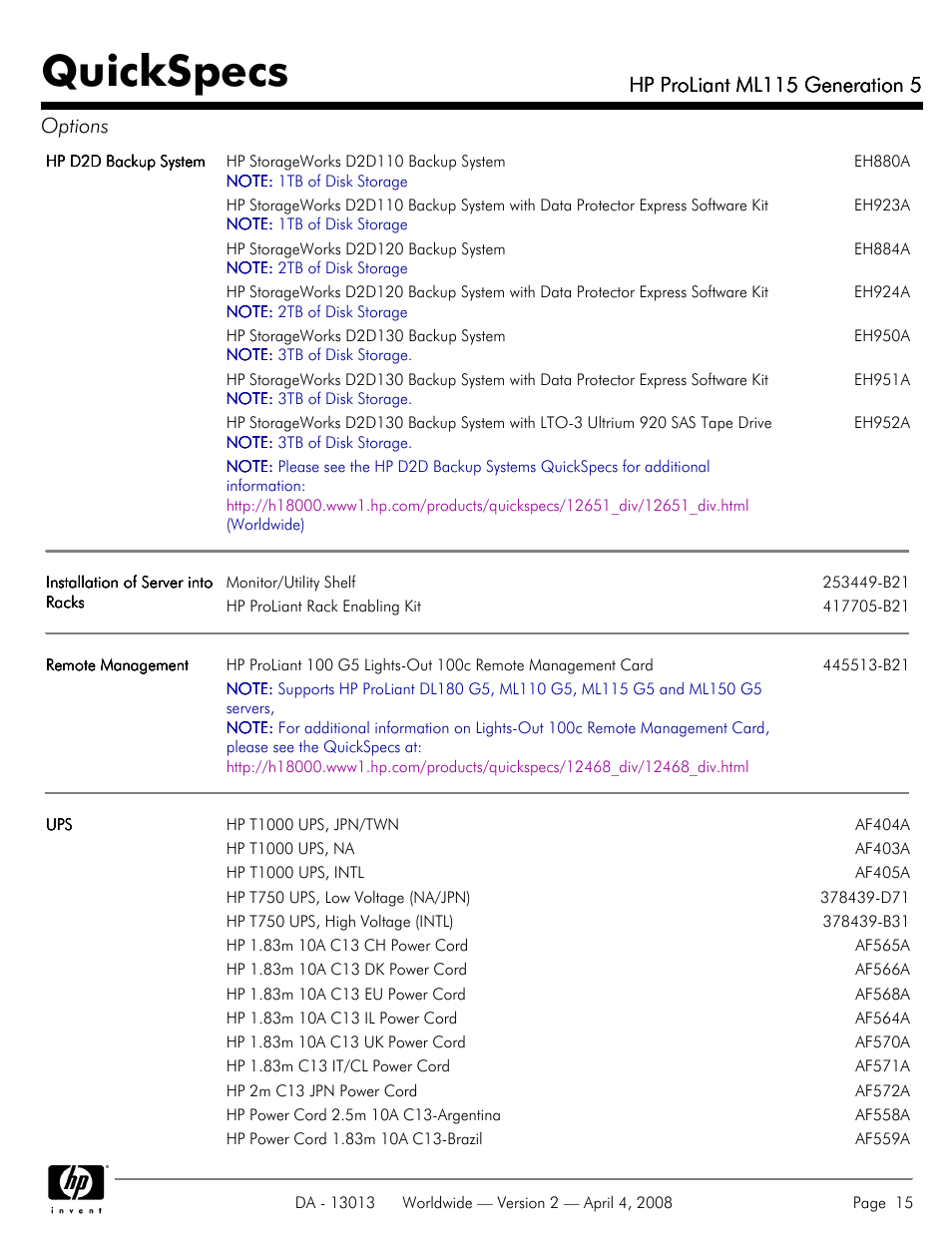 Quickspecs, Hp proliant ml115 generation 5, Hp proliant ml115 generation 5 options | HP ProLiant ML115 User Manual | Page 15 / 27