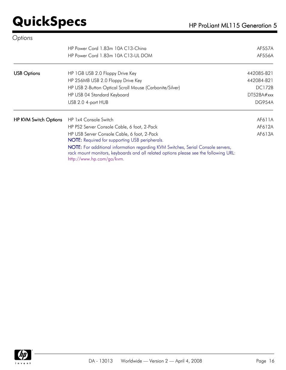 Quickspecs, Hp proliant ml115 generation 5, Hp proliant ml115 generation 5 options | HP ProLiant ML115 User Manual | Page 16 / 27