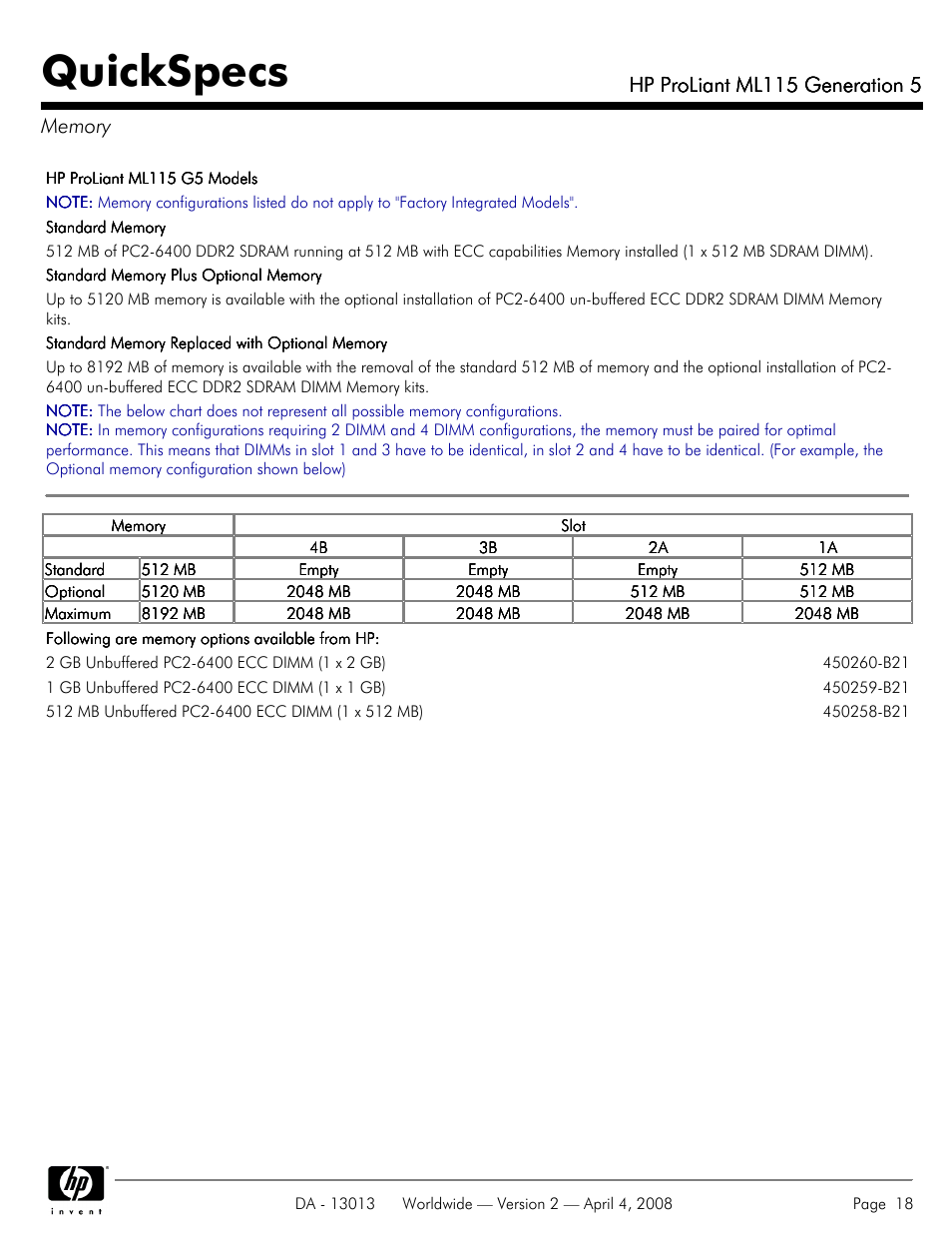 Memory, Quickspecs, Hp proliant ml115 generation 5 | HP ProLiant ML115 User Manual | Page 18 / 27