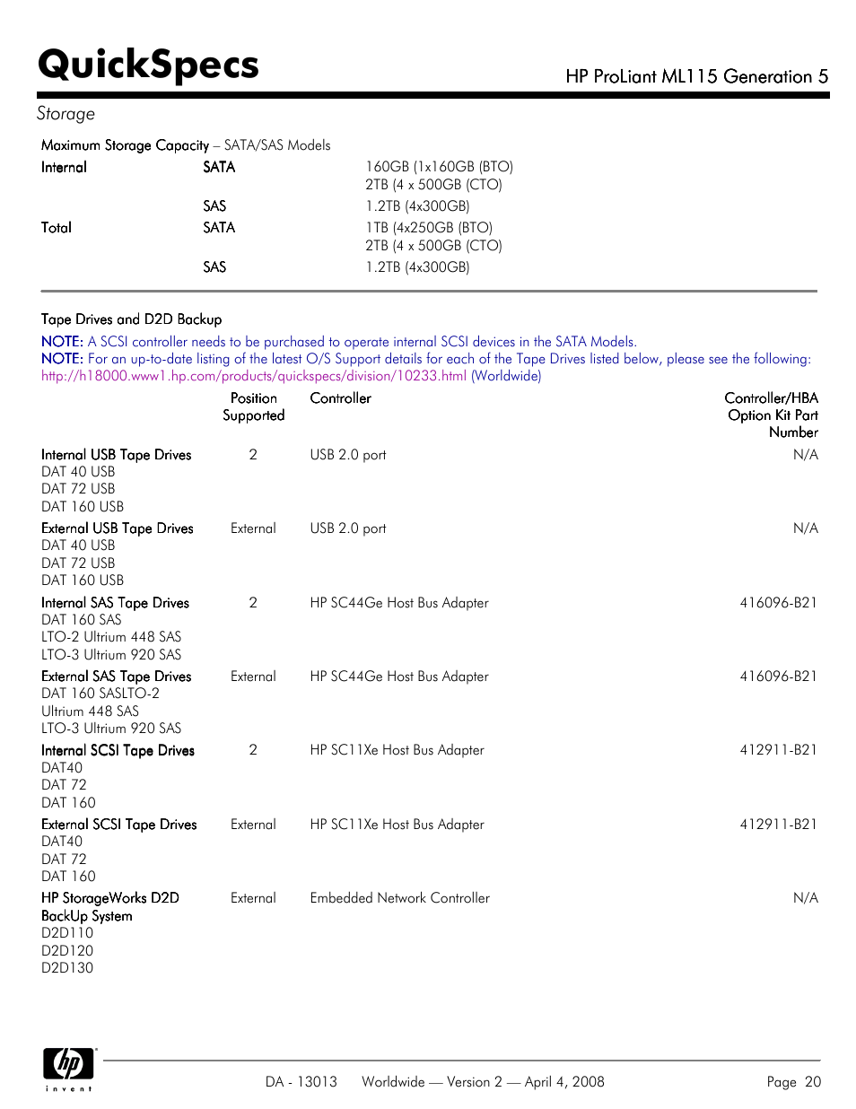 Quickspecs, Hp proliant ml115 generation 5, Hp proliant ml115 generation 5 storage | HP ProLiant ML115 User Manual | Page 20 / 27
