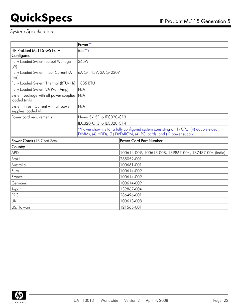 System specifications, Quickspecs, Hp proliant ml115 generation 5 | HP ProLiant ML115 User Manual | Page 22 / 27