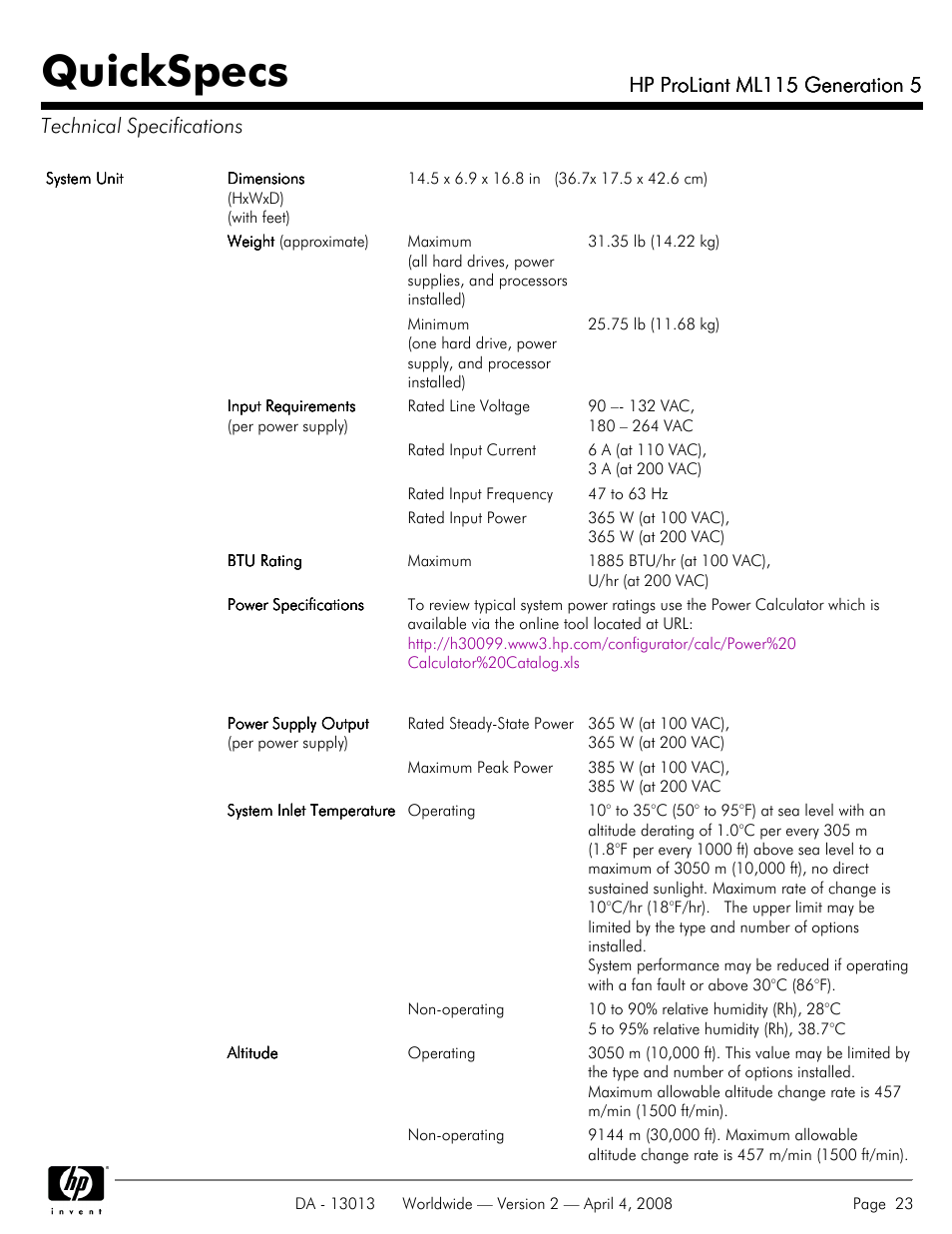 Technical specifications, Quickspecs, Hp proliant ml115 generation 5 | HP ProLiant ML115 User Manual | Page 23 / 27