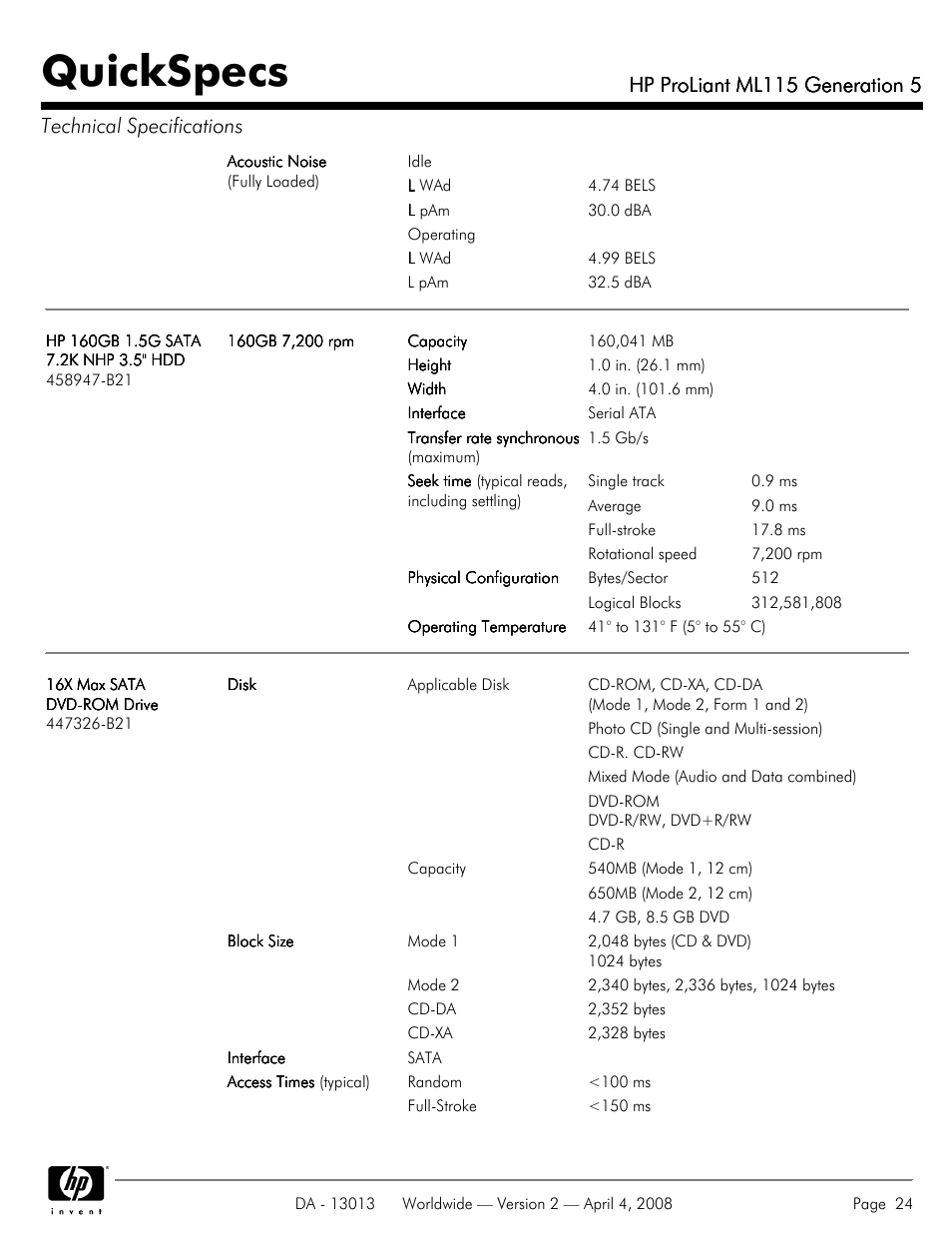 Quickspecs, Hp proliant ml115 generation 5 | HP ProLiant ML115 User Manual | Page 24 / 27