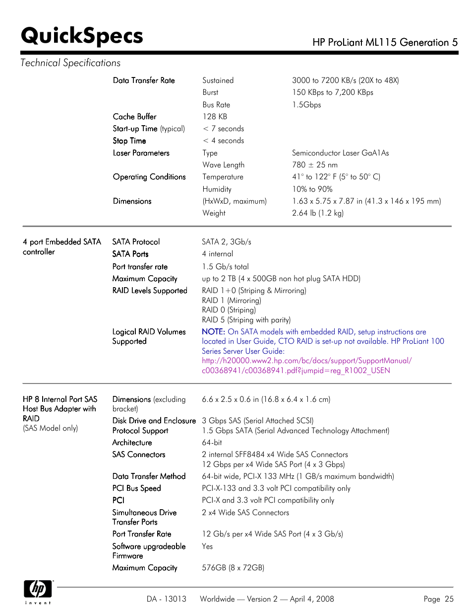 Quickspecs, Hp proliant ml115 generation 5 | HP ProLiant ML115 User Manual | Page 25 / 27