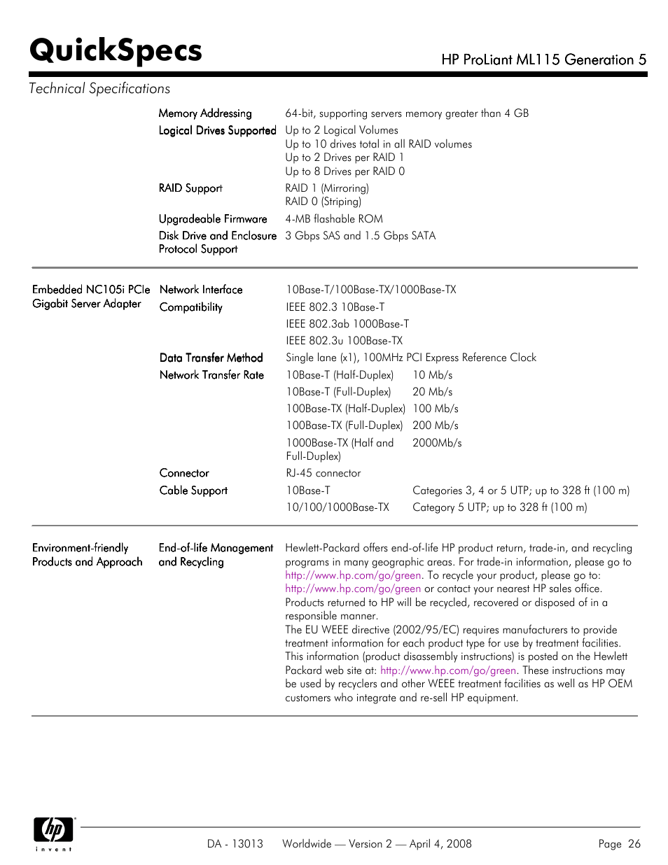 Quickspecs, Hp proliant ml115 generation 5 | HP ProLiant ML115 User Manual | Page 26 / 27