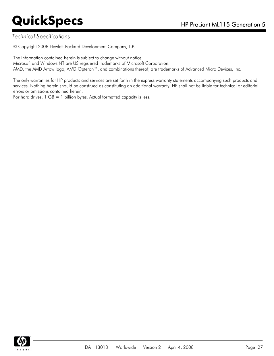 Quickspecs | HP ProLiant ML115 User Manual | Page 27 / 27