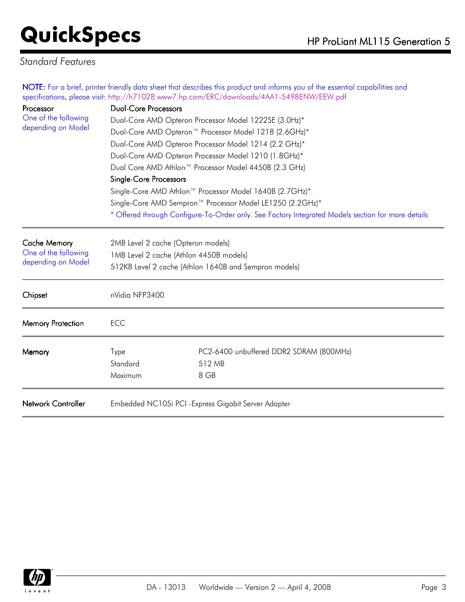 Standard features, Quickspecs, Hp proliant ml115 generation 5 | Hp proliant ml115 generation 5 standard features | HP ProLiant ML115 User Manual | Page 3 / 27