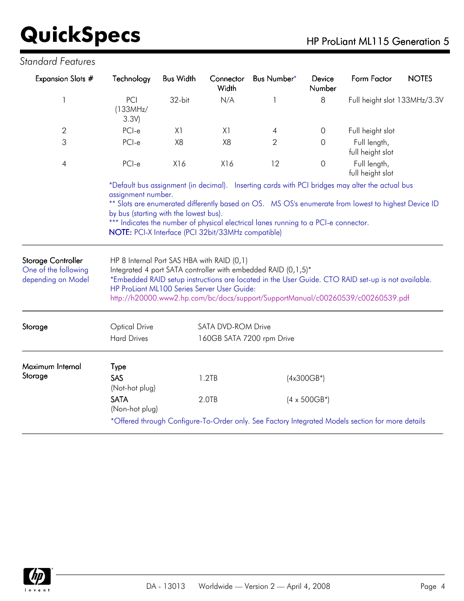 Quickspecs, Hp proliant ml115 generation 5, Hp proliant ml115 generation 5 standard features | HP ProLiant ML115 User Manual | Page 4 / 27