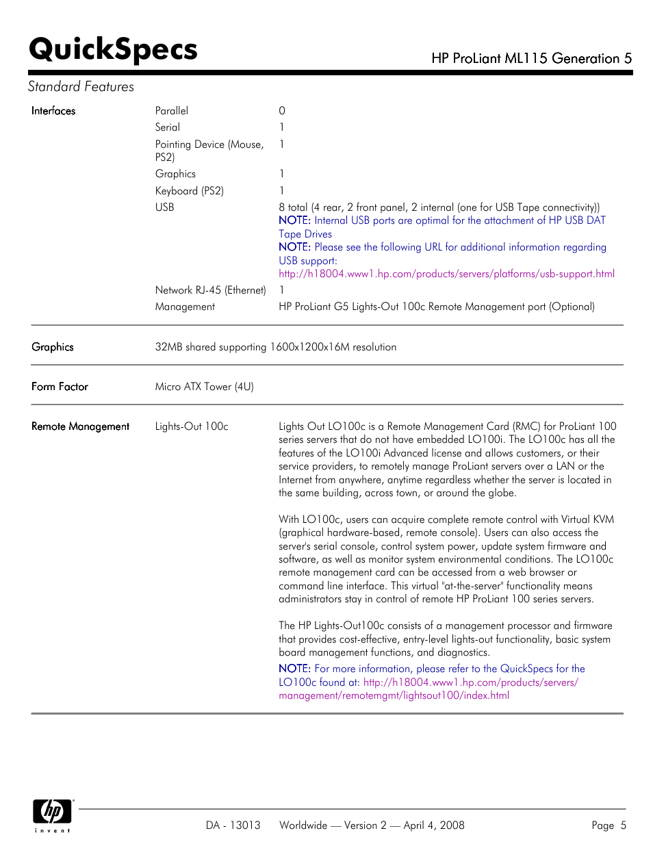 Quickspecs, Hp proliant ml115 generation 5, Hp proliant ml115 generation 5 standard features | HP ProLiant ML115 User Manual | Page 5 / 27