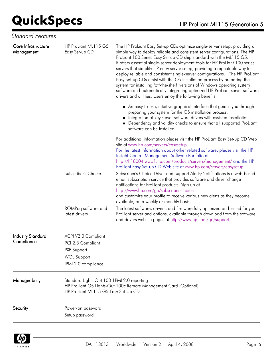 Quickspecs, Hp proliant ml115 generation 5, Hp proliant ml115 generation 5 standard features | HP ProLiant ML115 User Manual | Page 6 / 27