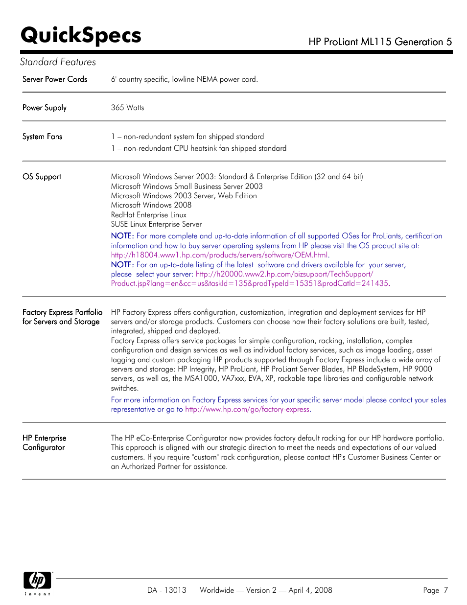 Quickspecs, Hp proliant ml115 generation 5, Hp proliant ml115 generation 5 standard features | HP ProLiant ML115 User Manual | Page 7 / 27