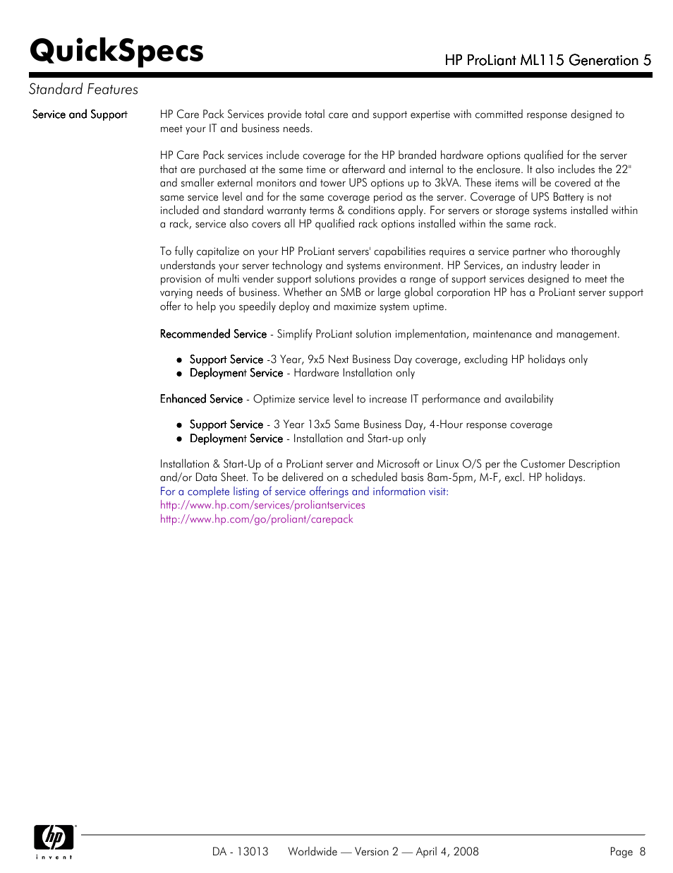 Quickspecs, Hp proliant ml115 generation 5, Hp proliant ml115 generation 5 standard features | HP ProLiant ML115 User Manual | Page 8 / 27