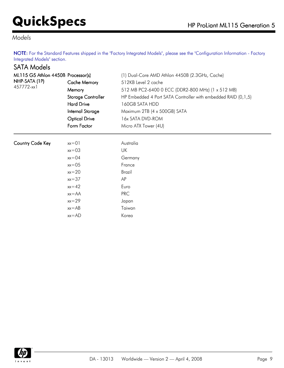 Models, Quickspecs, Sata models | Hp proliant ml115 generation 5, Hp proliant ml115 generation 5 models | HP ProLiant ML115 User Manual | Page 9 / 27