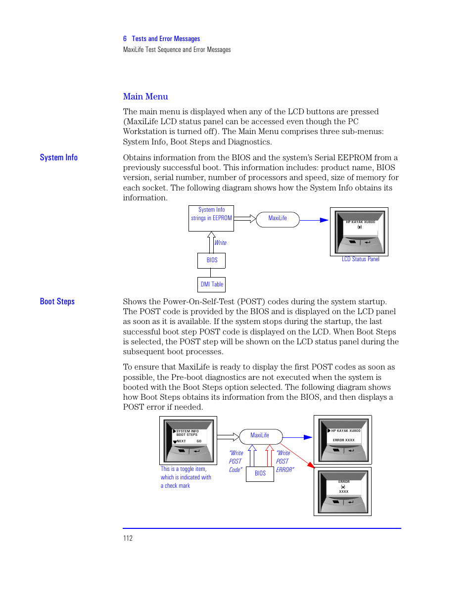 Main menu, System info, Boot steps | HP XU800 User Manual | Page 112 / 140