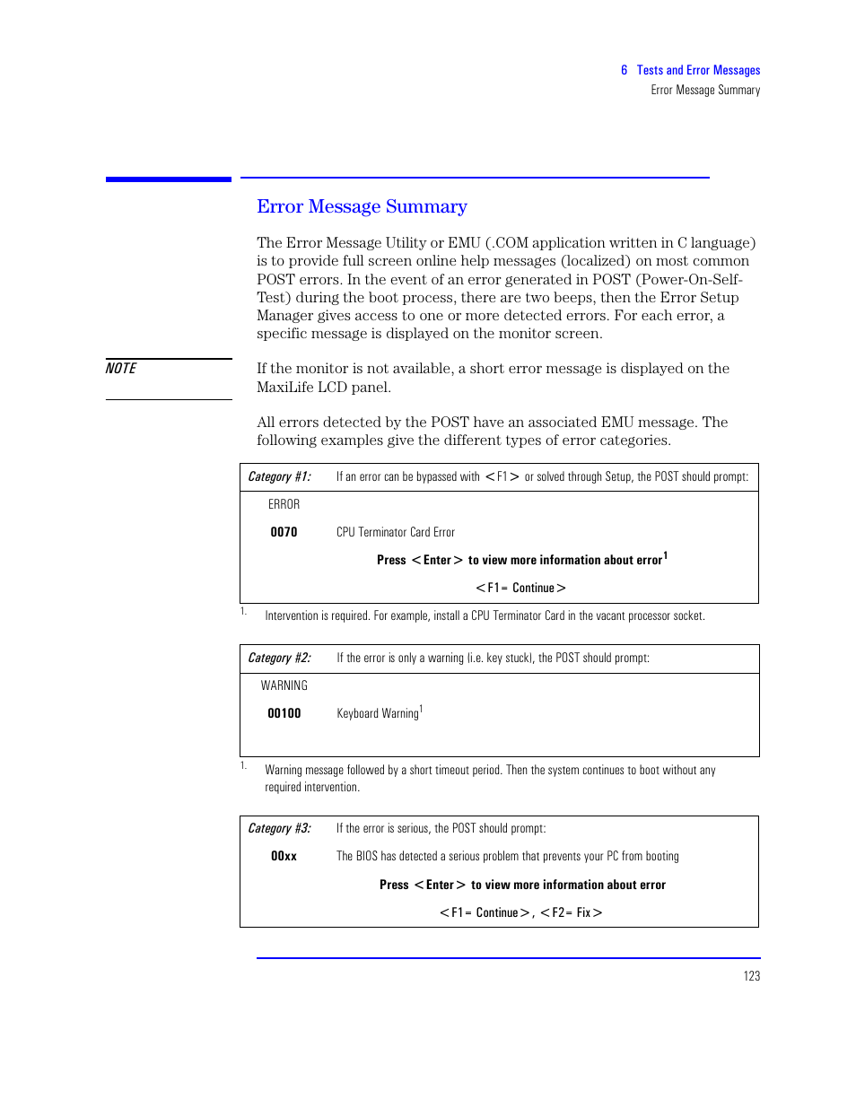 Error message summary | HP XU800 User Manual | Page 123 / 140