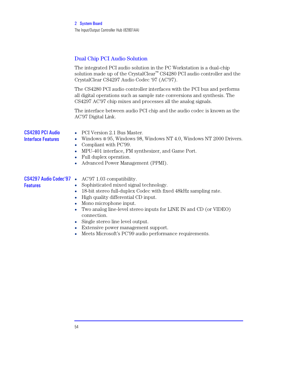 Dual chip pci audio solution, Cs4280 pci audio interface features | HP XU800 User Manual | Page 54 / 140