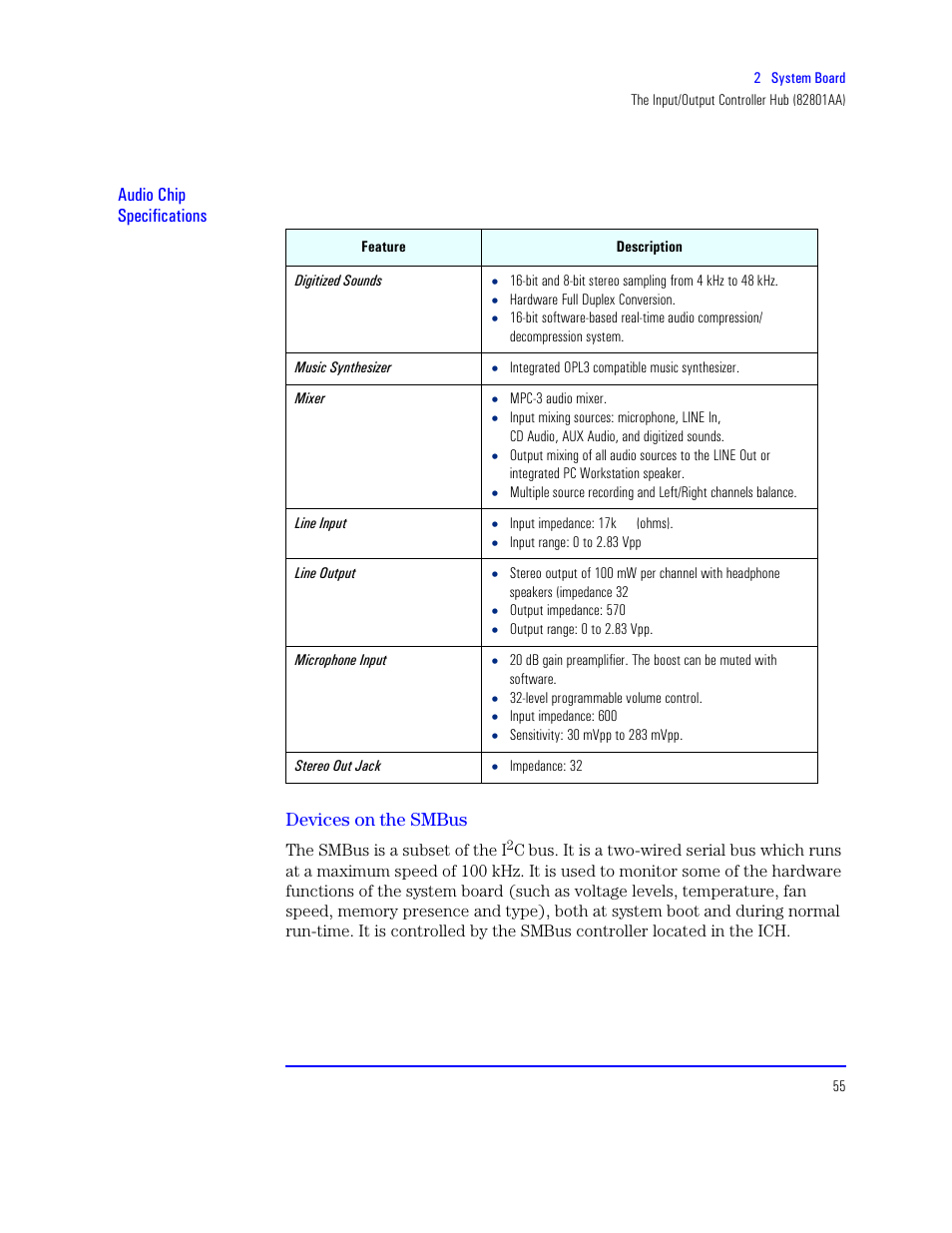 Devices on the smbus, Audio chip specifications devices on the smbus | HP XU800 User Manual | Page 55 / 140