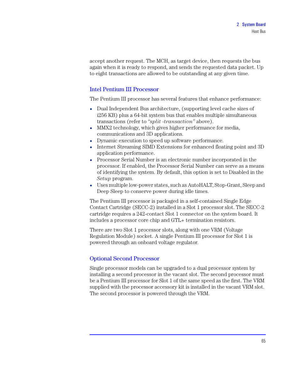 Intel pentium iii processor, Optional second processor | HP XU800 User Manual | Page 65 / 140