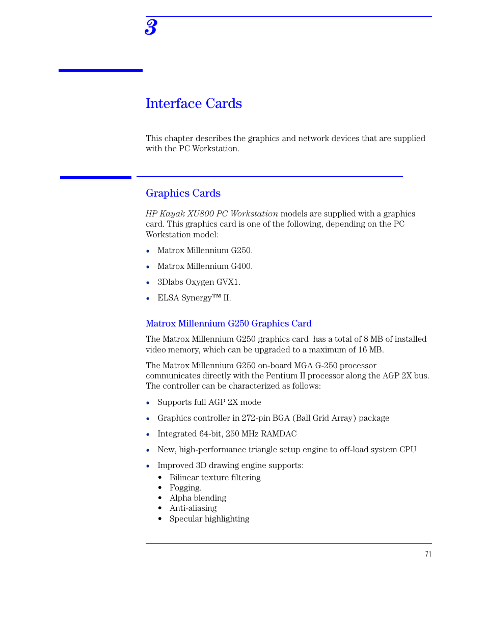 3 interface cards, Graphics cards, Matrox millennium g250 graphics card | Chapter 3, Interface cards | HP XU800 User Manual | Page 71 / 140