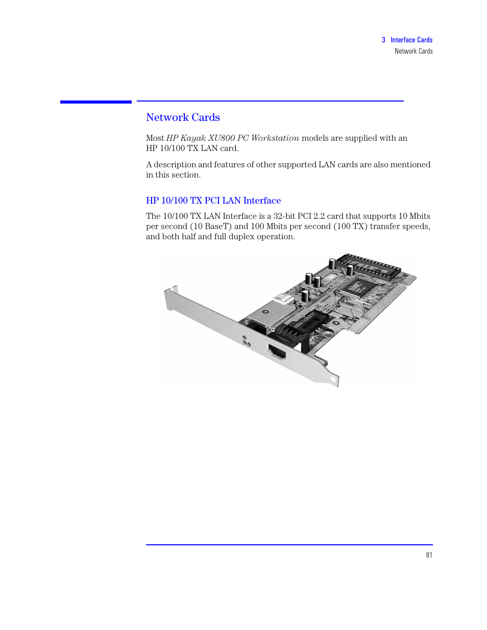 Network cards, Hp 10/100 tx pci lan interface | HP XU800 User Manual | Page 81 / 140