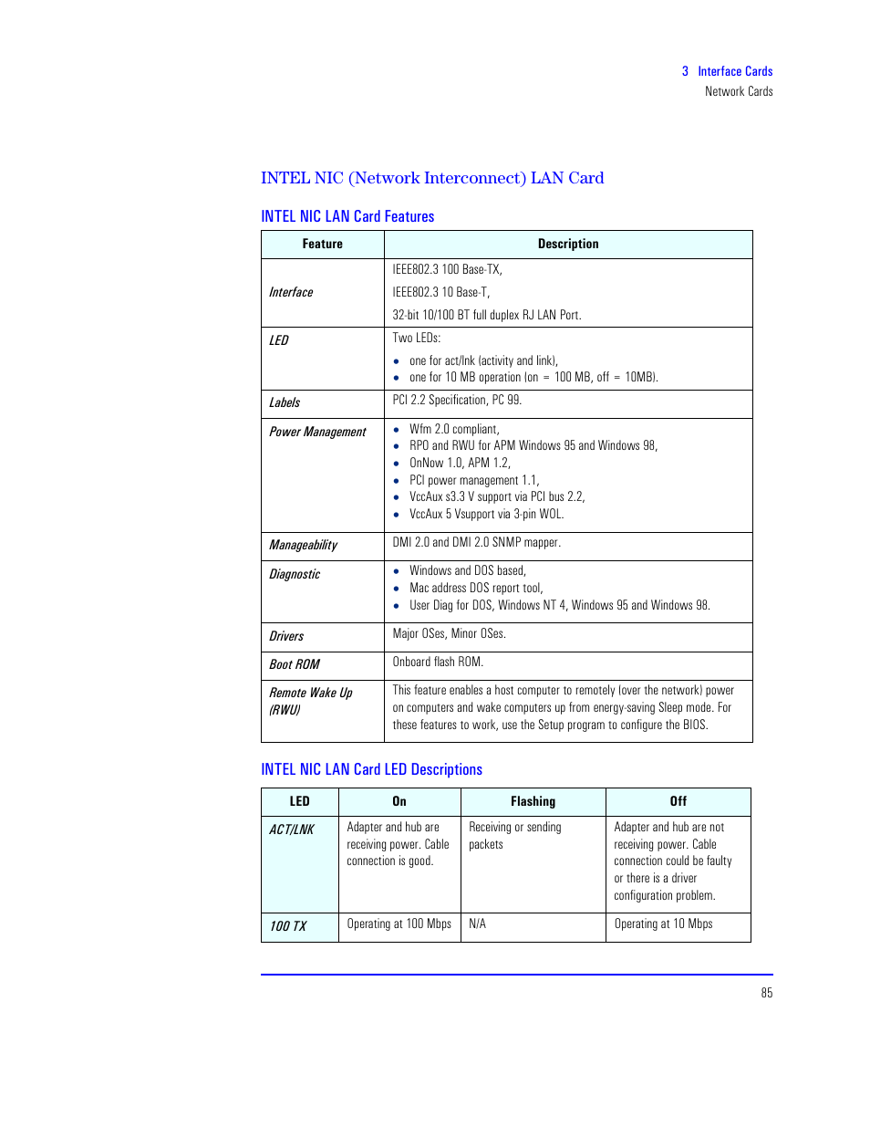 Intel nic (network interconnect) lan card, Intel nic lan card features, Intel nic lan card led descriptions | HP XU800 User Manual | Page 85 / 140