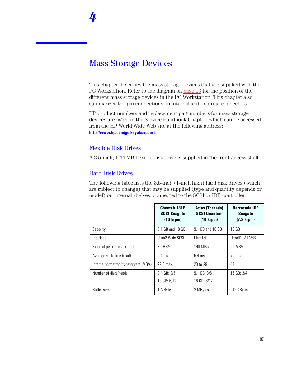 4 mass storage devices, Flexible disk drives, Hard disk drives | Chapter 4, Mass storage devices | HP XU800 User Manual | Page 87 / 140