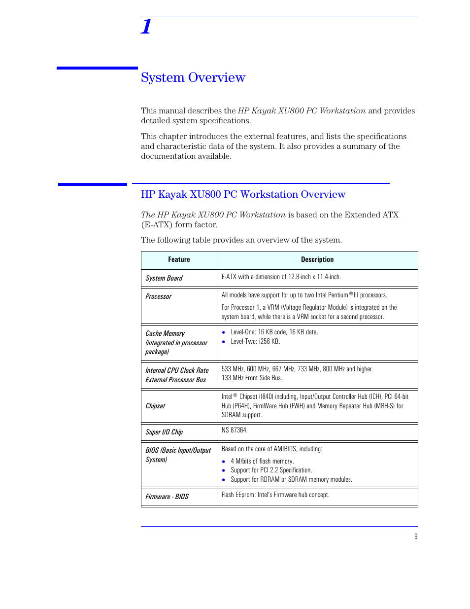 1 system overview, Hp kayak xu800 pc workstation overview, System overview | HP XU800 User Manual | Page 9 / 140