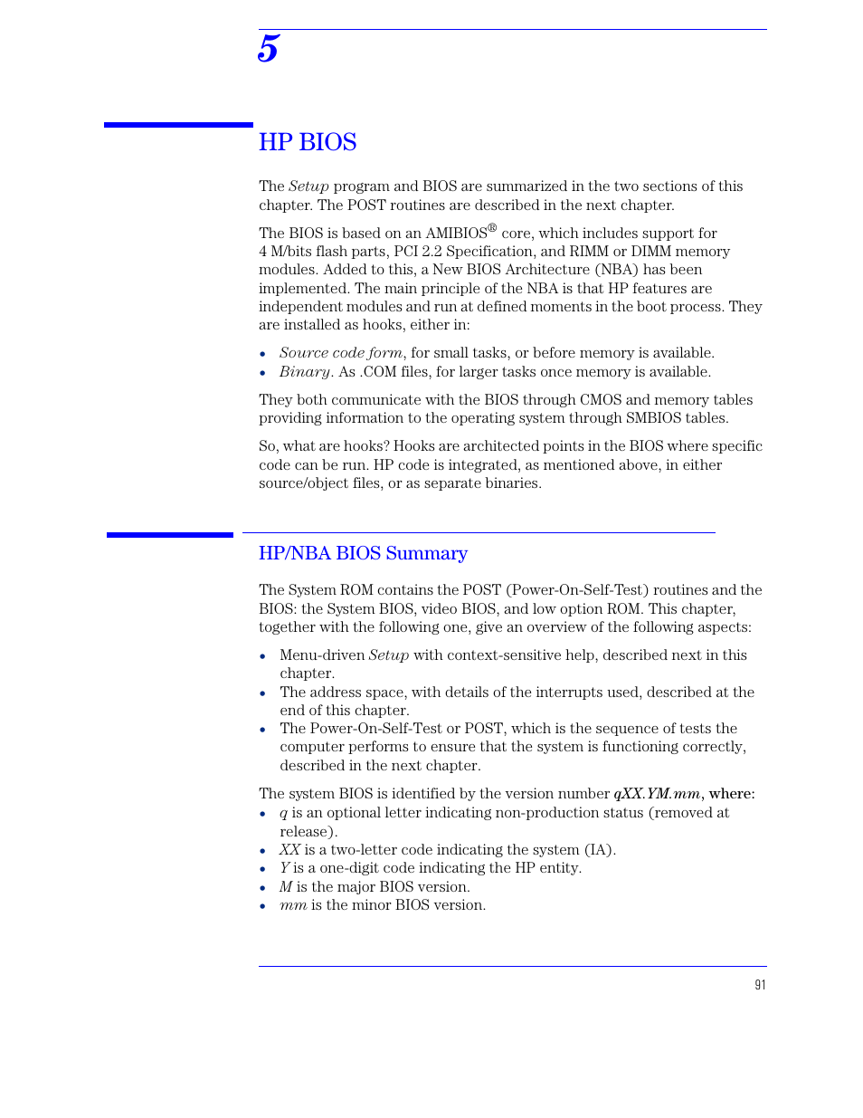 5 hp bios, Hp/nba bios summary, Chapter 5 | Hp bios | HP XU800 User Manual | Page 91 / 140