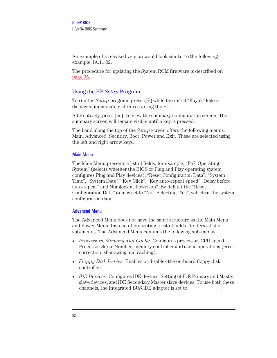 Using the hp setup program, Main menu, Advanced menu | HP XU800 User Manual | Page 92 / 140