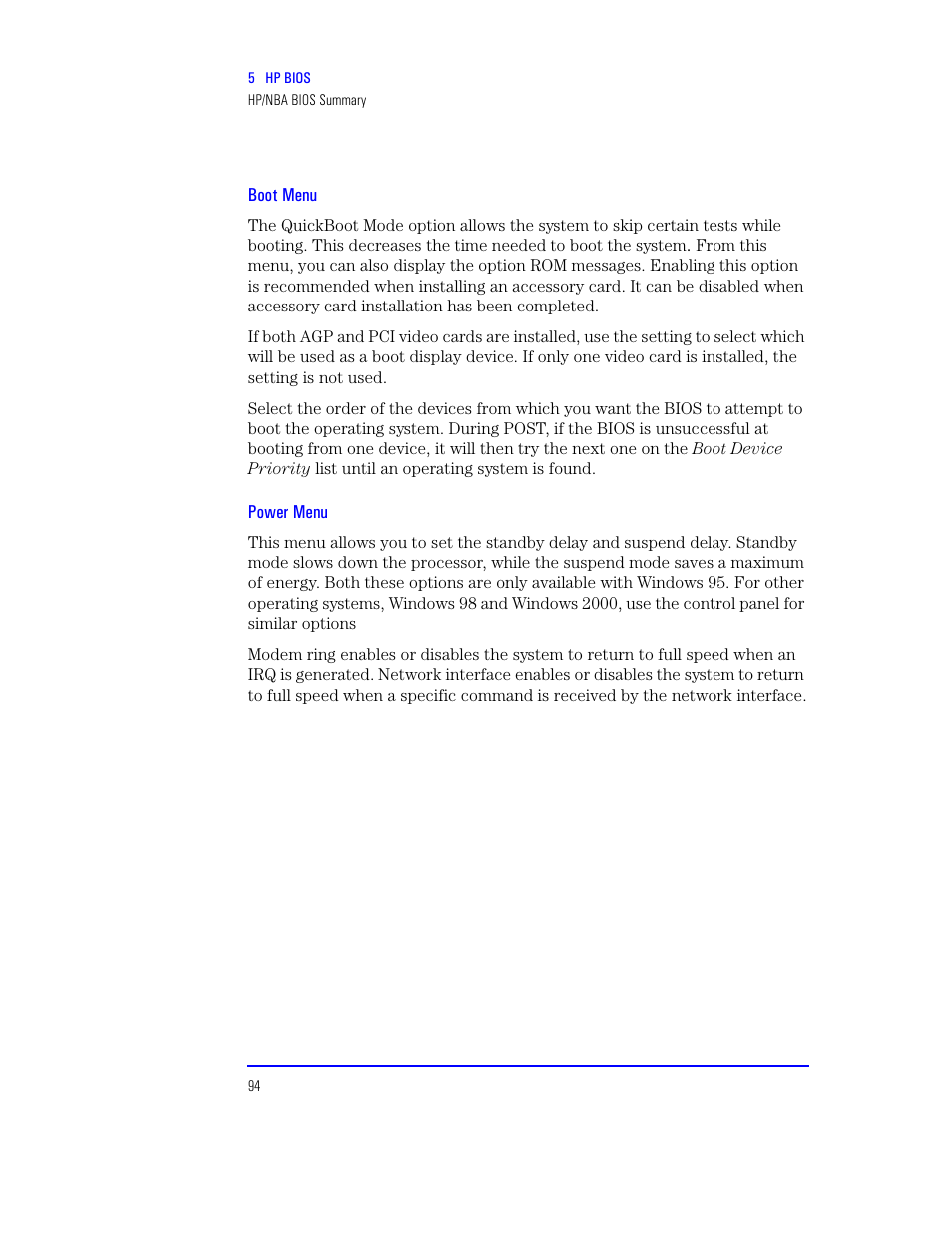 Boot menu, Power menu | HP XU800 User Manual | Page 94 / 140