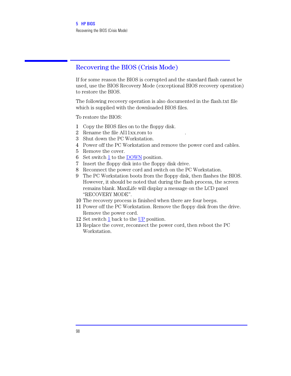 Recovering the bios (crisis mode) | HP XU800 User Manual | Page 98 / 140