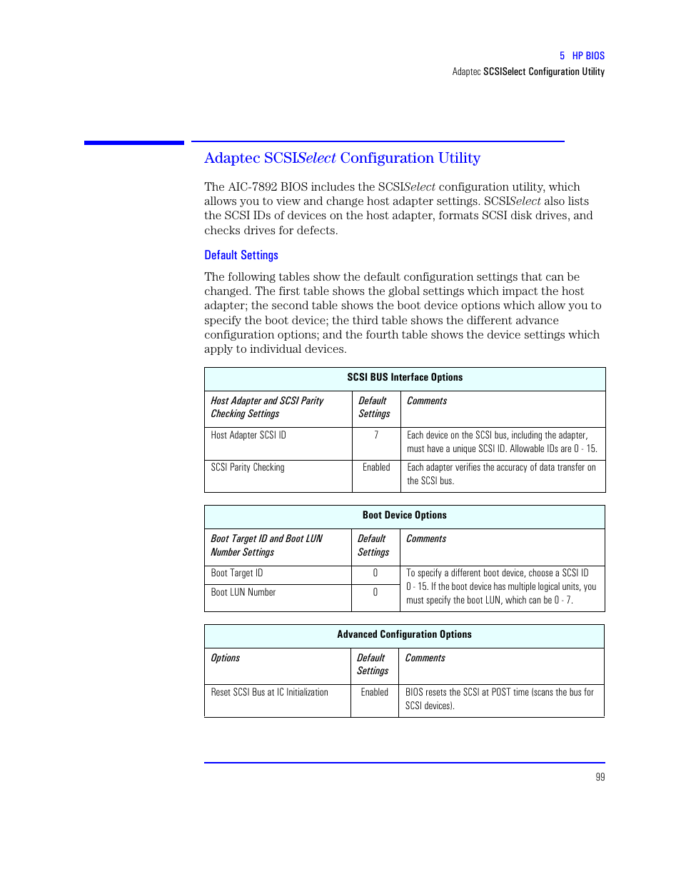 Adaptec scsiselect configuration utility, Default settings, Adaptec | Adaptec scsi select configuration utility | HP XU800 User Manual | Page 99 / 140