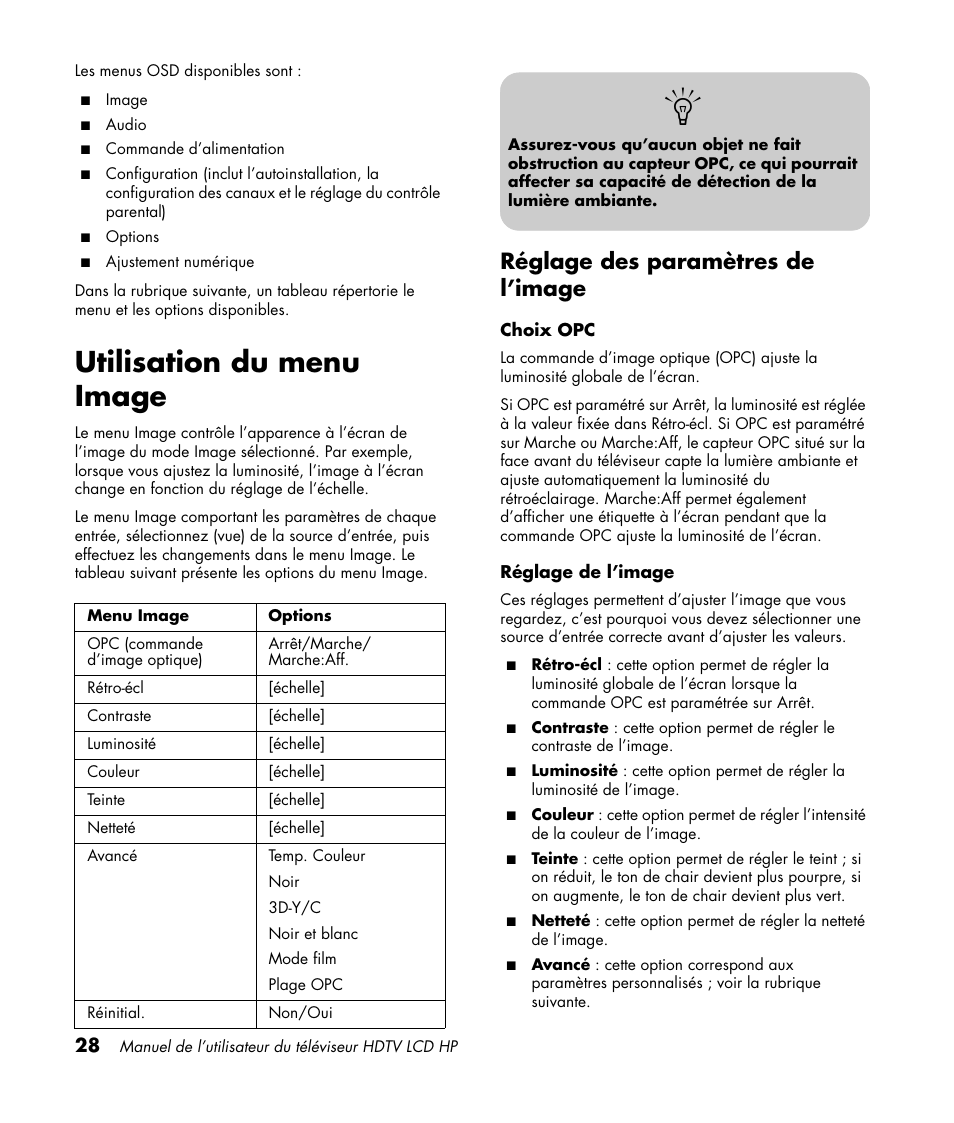 Utilisation du menu image, Réglage des paramètres de l’image | HP LC3760N User Manual | Page 100 / 186