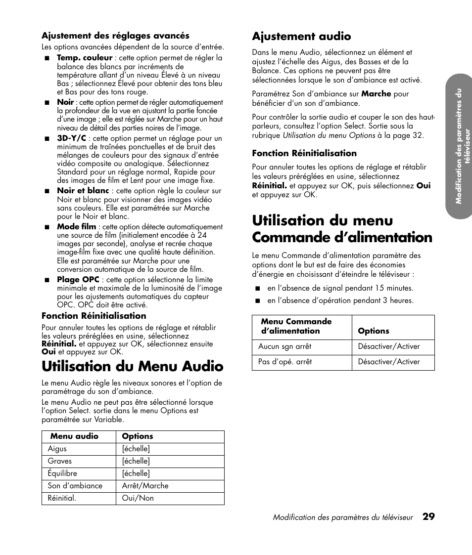 Utilisation du menu audio, Ajustement audio, Utilisation du menu commande d’alimentation | HP LC3760N User Manual | Page 101 / 186