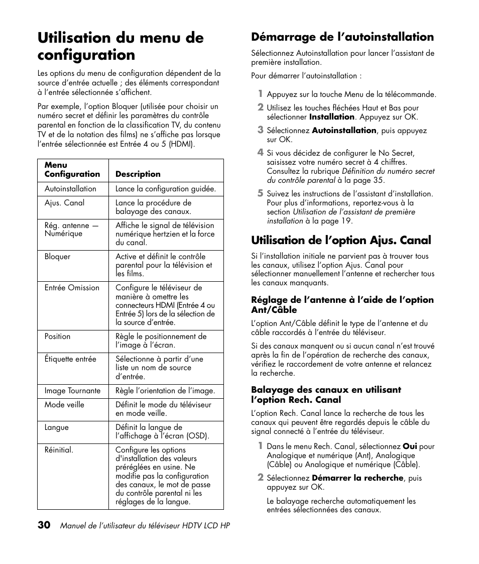 Utilisation du menu de configuration, Démarrage de l’autoinstallation, Utilisation de l’option ajus. canal | HP LC3760N User Manual | Page 102 / 186