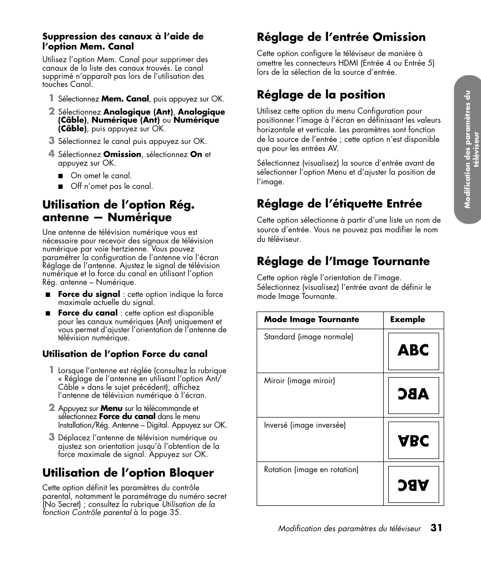 Utilisation de l’option rég. antenne - numérique, Utilisation de l’option bloquer, Réglage de l’entrée omission | Réglage de la position, Réglage de l’étiquette entrée, Réglage de l’image tournante, Utilisation de l’option rég. antenne — numérique | HP LC3760N User Manual | Page 103 / 186