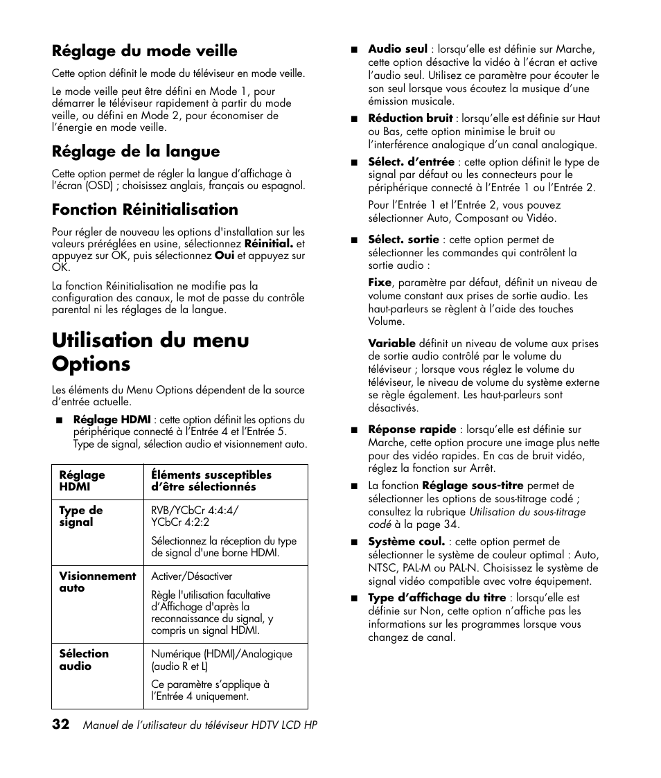 Réglage du mode veille, Réglage de la langue, Fonction réinitialisation | Utilisation du menu options | HP LC3760N User Manual | Page 104 / 186