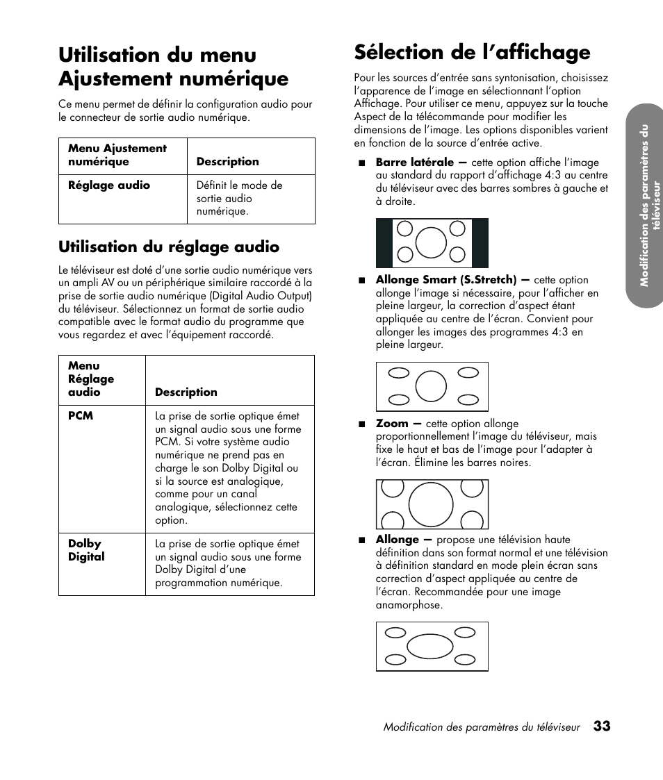 Utilisation du menu ajustement numérique, Utilisation du réglage audio, Sélection de l’affichage | Utilisation du menu | HP LC3760N User Manual | Page 105 / 186