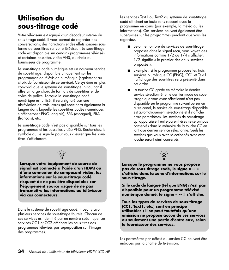 Utilisation du sous-titrage codé | HP LC3760N User Manual | Page 106 / 186