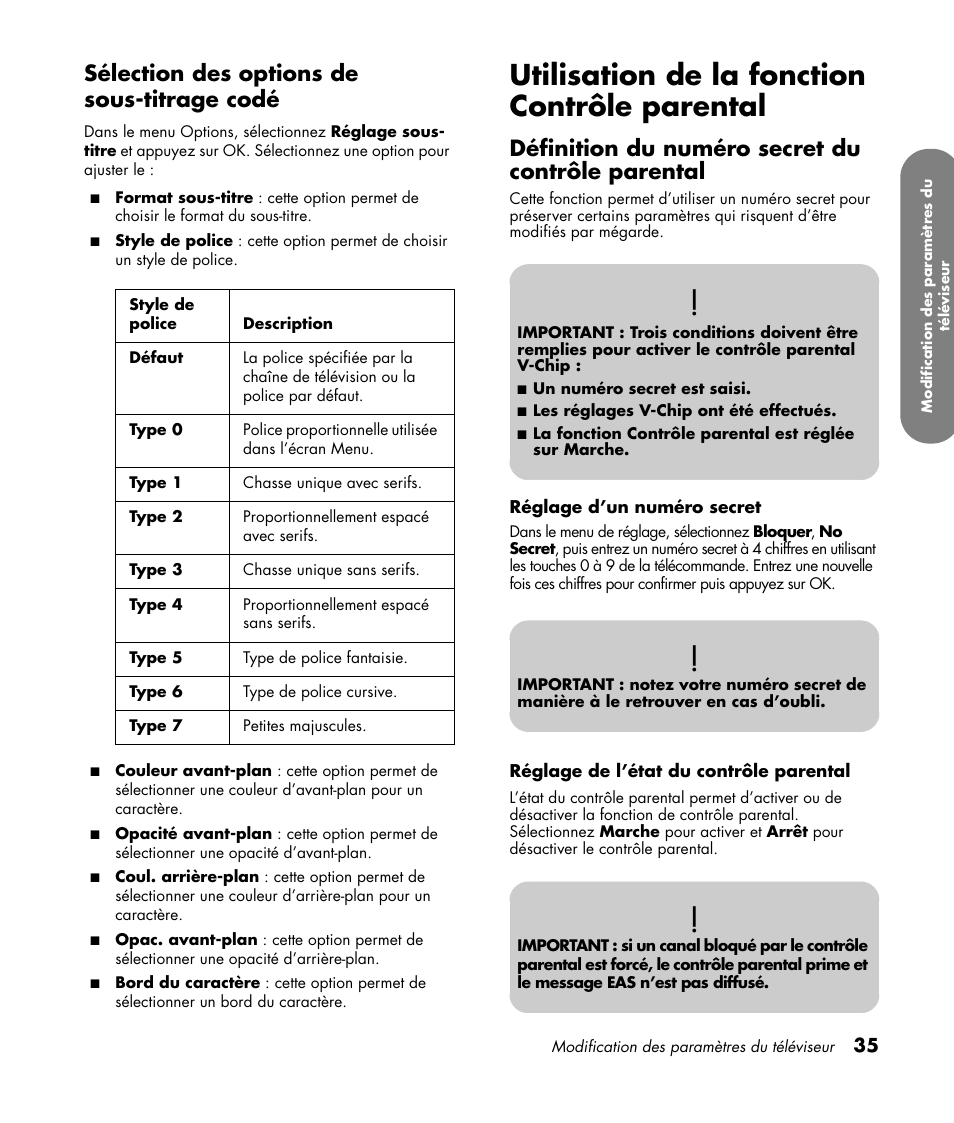 Sélection des options de sous-titrage codé, Utilisation de la fonction contrôle parental, Définition du numéro secret du contrôle parental | HP LC3760N User Manual | Page 107 / 186