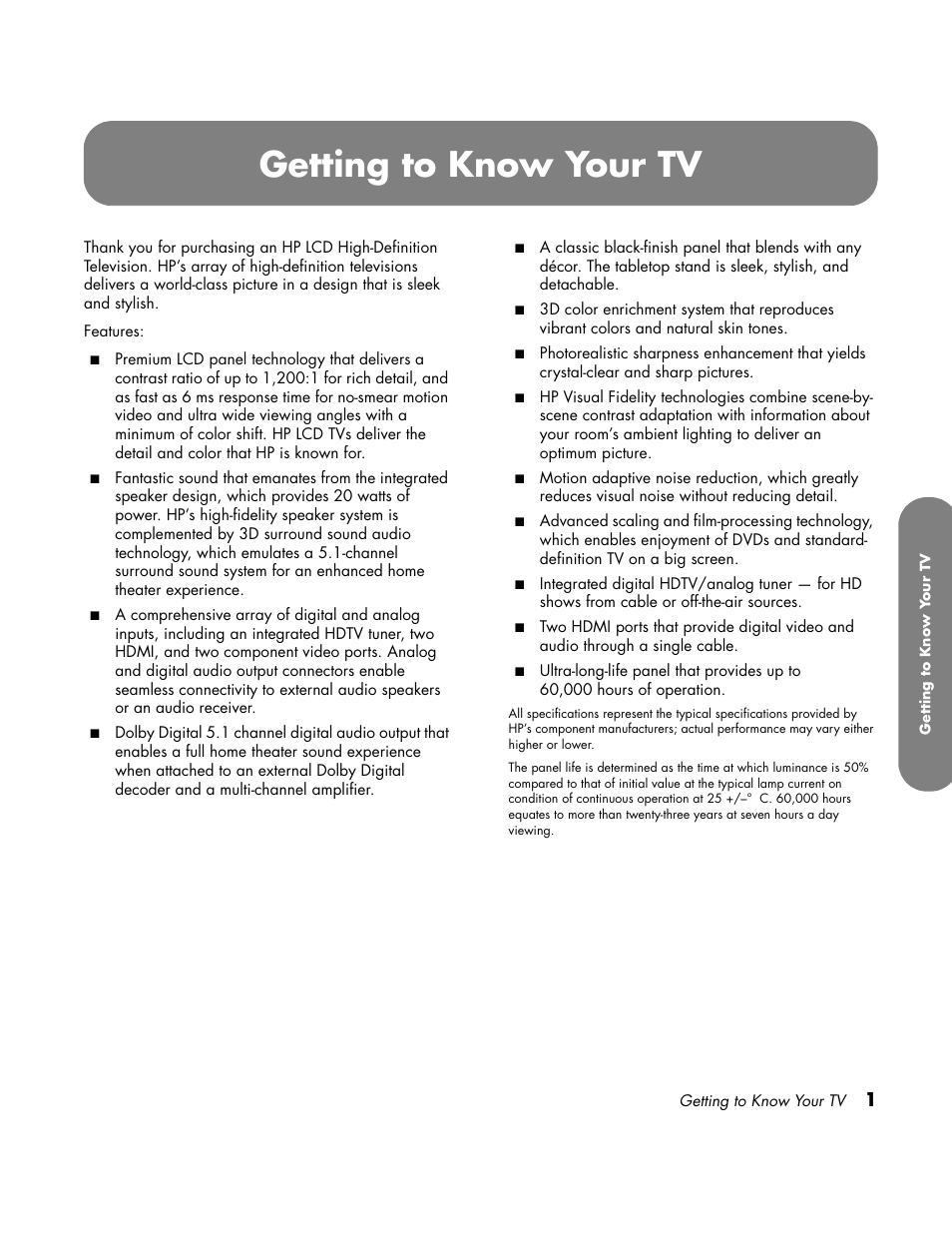 Getting to know your tv | HP LC3760N User Manual | Page 11 / 186