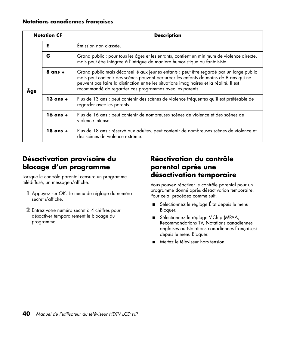 Désactivation provisoire du blocage d’un programme | HP LC3760N User Manual | Page 112 / 186