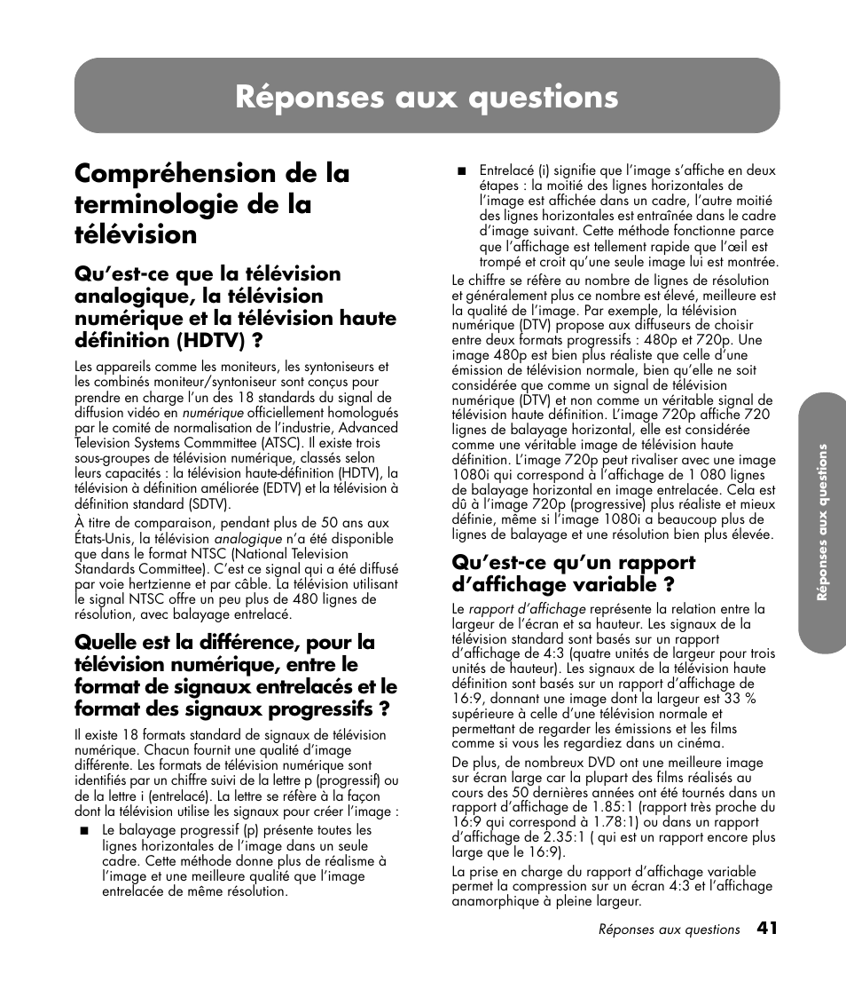 Réponses aux questions, Compréhension de la terminologie de la télévision, Qu’est-ce qu’un rapport d’affichage variable | HP LC3760N User Manual | Page 113 / 186