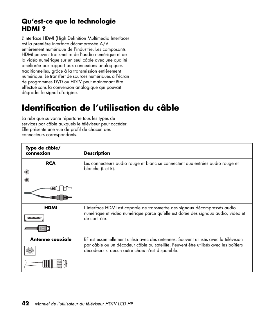 Qu’est-ce que la technologie hdmi, Identification de l’utilisation du câble | HP LC3760N User Manual | Page 114 / 186