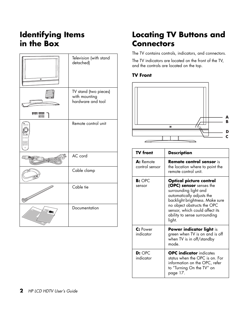 Identifying items in the box, Locating tv buttons and connectors | HP LC3760N User Manual | Page 12 / 186