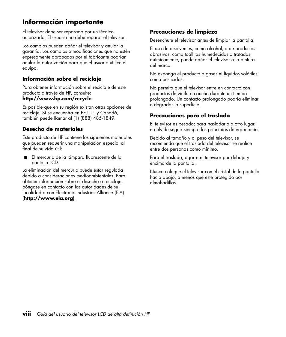 Información importante | HP LC3760N User Manual | Page 132 / 186