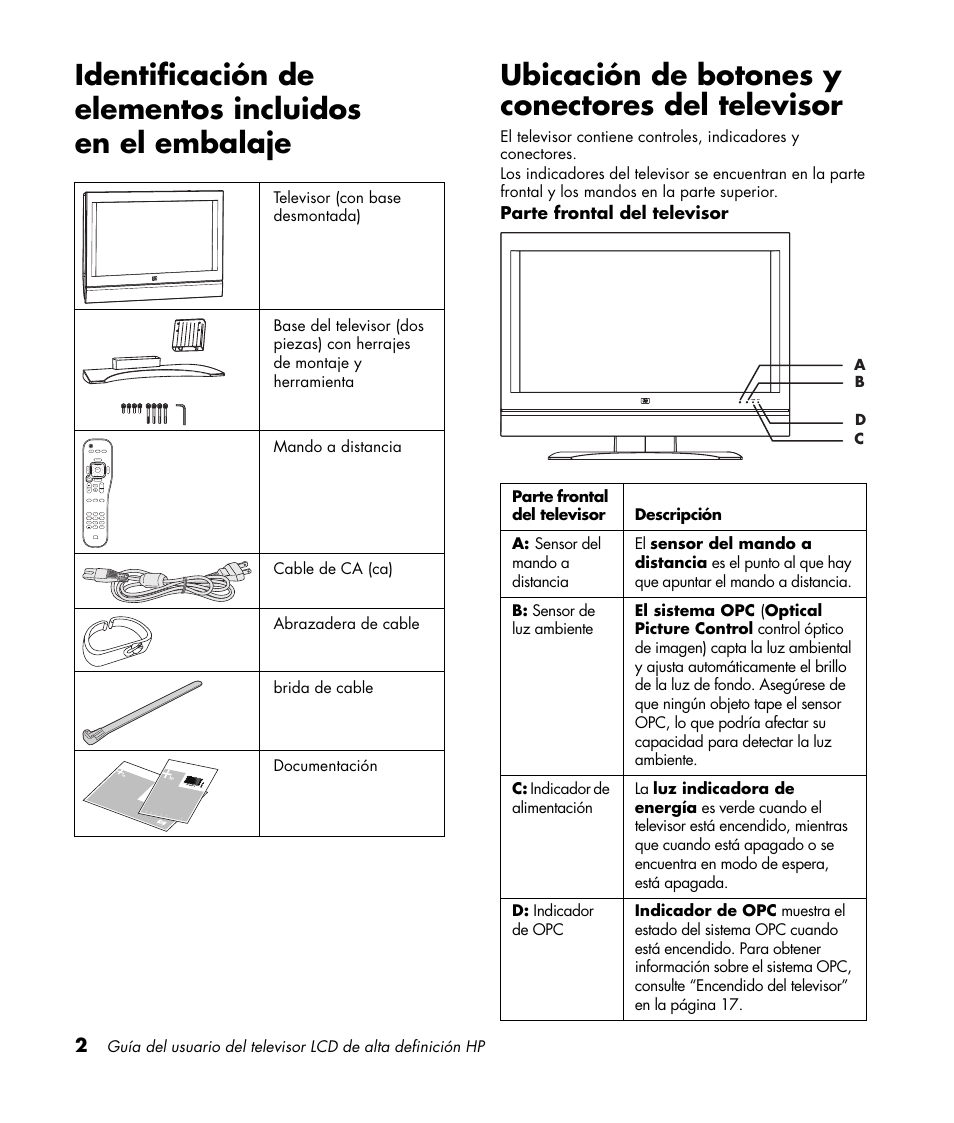 Ubicación de botones y conectores del televisor | HP LC3760N User Manual | Page 136 / 186